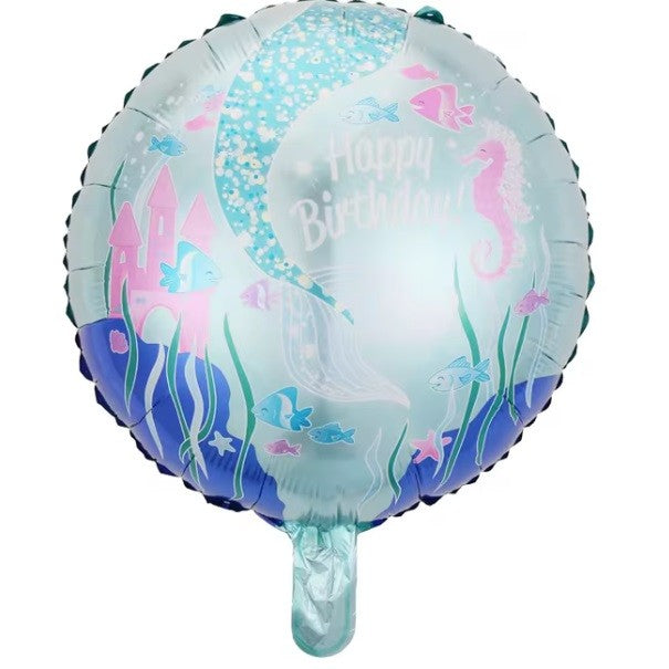 Balon din Folie Metalizata, Mini Figurina Rotunda, Model Caluti de Mare, Happy Birthday, Tematica Aniversare,Ambalaj Individual, Pai Inclus, Umflare cu Aer sau Heliu