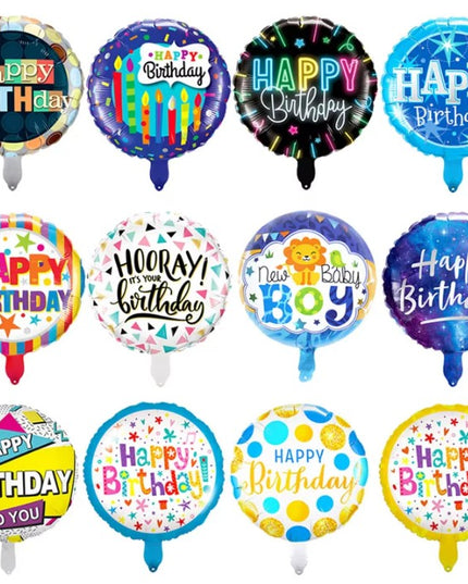 Balon din Folie Metalizata, Mini Figurina Rotunda, Model Cer Instelat, Happy Birthday, Tematica Aniversare,Ambalaj Individual, Pai Inclus, Umflare cu Aer sau Heliu