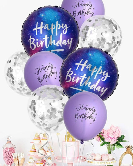 Balon din Folie Metalizata, Mini Figurina Rotunda, Model Cer Instelat, Happy Birthday, Tematica Aniversare,Ambalaj Individual, Pai Inclus, Umflare cu Aer sau Heliu