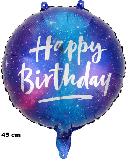 Balon din Folie Metalizata, Mini Figurina Rotunda, Model Cer Instelat, Happy Birthday, Tematica Aniversare,Ambalaj Individual, Pai Inclus, Umflare cu Aer sau Heliu