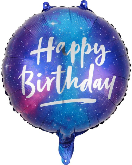 Balon din Folie Metalizata, Mini Figurina Rotunda, Model Cer Instelat, Happy Birthday, Tematica Aniversare,Ambalaj Individual, Pai Inclus, Umflare cu Aer sau Heliu