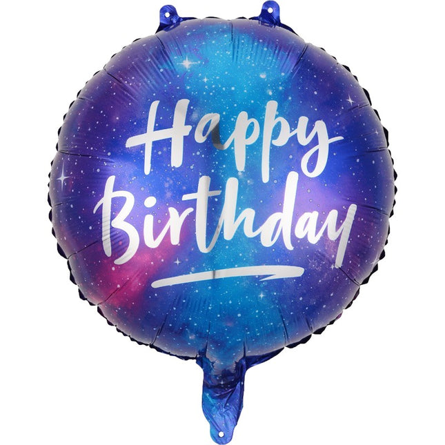 Balon din Folie Metalizata, Mini Figurina Rotunda, Model Cer Instelat, Happy Birthday, Tematica Aniversare,Ambalaj Individual, Pai Inclus, Umflare cu Aer sau Heliu