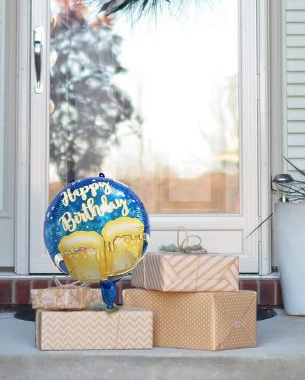 Balon din Folie Metalizata, Mini Figurina Rotunda, Model Halbe de Bere, Happy Birthday, Tematica Aniversare,Ambalaj Individual, Pai Inclus, Umflare cu Aer sau Heliu