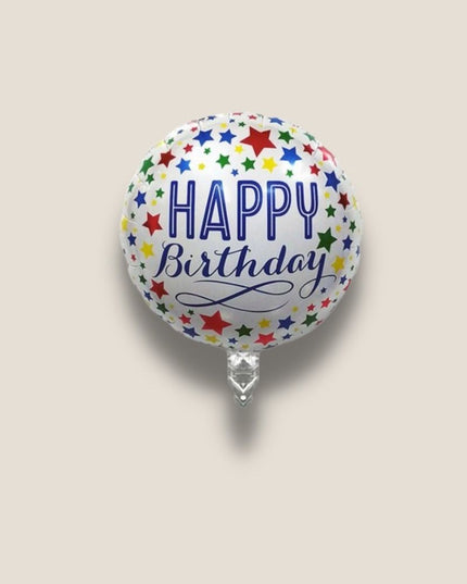 Balon din Folie Metalizata, Mini Figurina Rotunda, Model Happy Birthday, Tema Aniversare,Ambalaj Individual, Pai inclus, Umflare cu Aer sau Heliu