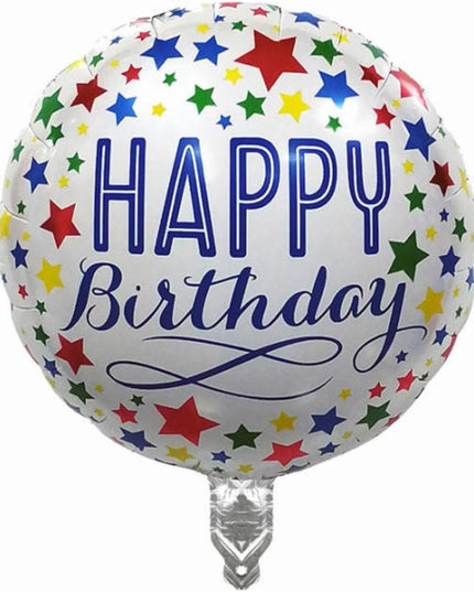 Balon din Folie Metalizata, Mini Figurina Rotunda, Model Happy Birthday, Tema Aniversare,Ambalaj Individual, Pai inclus, Umflare cu Aer sau Heliu