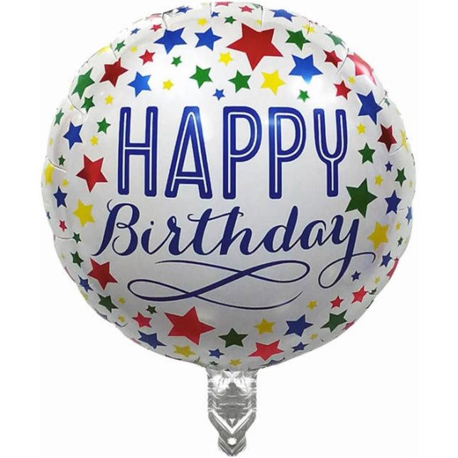 Balon din Folie Metalizata, Mini Figurina Rotunda, Model Happy Birthday, Tema Aniversare,Ambalaj Individual, Pai inclus, Umflare cu Aer sau Heliu