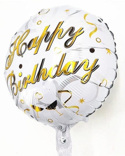 Balon din Folie Metalizata, Mini Figurina Rotunda, Model Happy Birthday, Tema Aniversare,Ambalaj Individual, Pai inclus, Umflare cu Aer sau Heliu