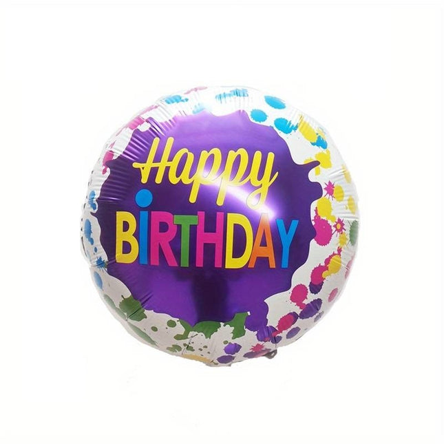 3 Baloane din Folie Metalizata, Mini Figurina Rotunda, Model Happy Birthday,Ambalaj Individual, Pai inclus, Umflare cu Aer sau cu Heliu