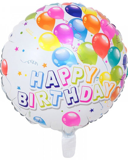 3 Baloane din Folie Metalizata, Mini Figurina Rotunda, Model Happy Birthday,Ambalaj Individual, Pai inclus, Umflare cu Aer sau cu Heliu