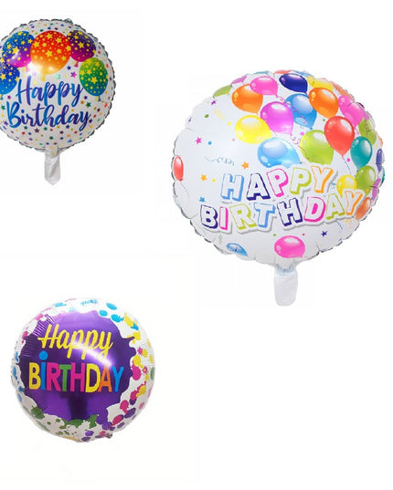 3 Baloane din Folie Metalizata, Mini Figurina Rotunda, Model Happy Birthday,Ambalaj Individual, Pai inclus, Umflare cu Aer sau cu Heliu