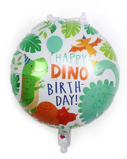 Balon din Folie Metalizata, Mini Figurina Rotunda, Model Happy Birthday cu Dinozauri, Tema Aniversare,Ambalaj Individual, Pai inclus, Umflare cu Aer sau Heliu
