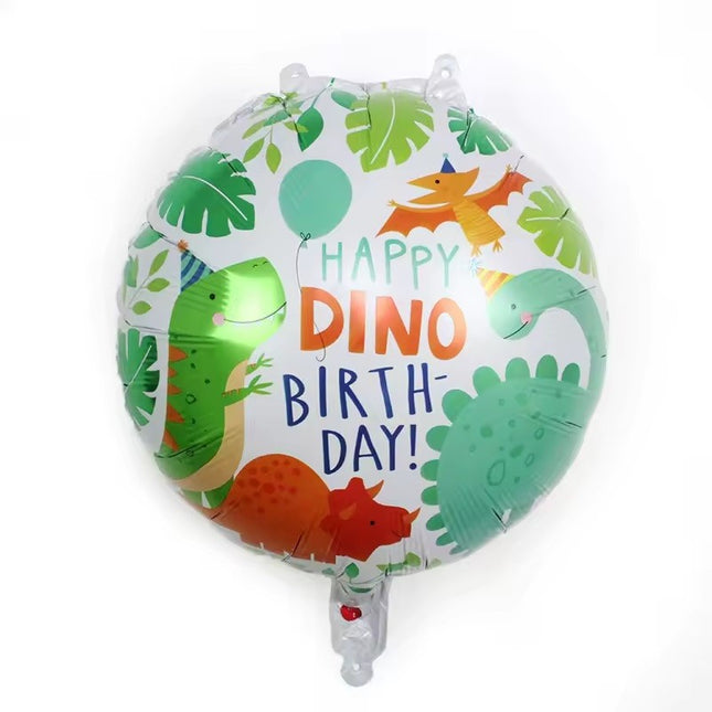 Balon din Folie Metalizata, Mini Figurina Rotunda, Model Happy Birthday cu Dinozauri, Tema Aniversare,Ambalaj Individual, Pai inclus, Umflare cu Aer sau Heliu