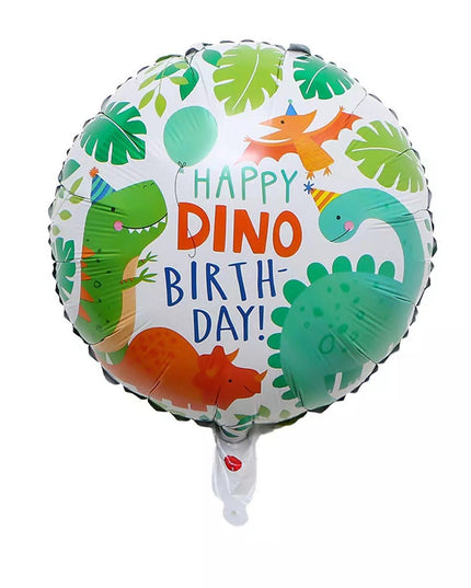 Balon din Folie Metalizata, Mini Figurina Rotunda, Model Happy Birthday cu Dinozauri, Tema Aniversare,Ambalaj Individual, Pai inclus, Umflare cu Aer sau Heliu