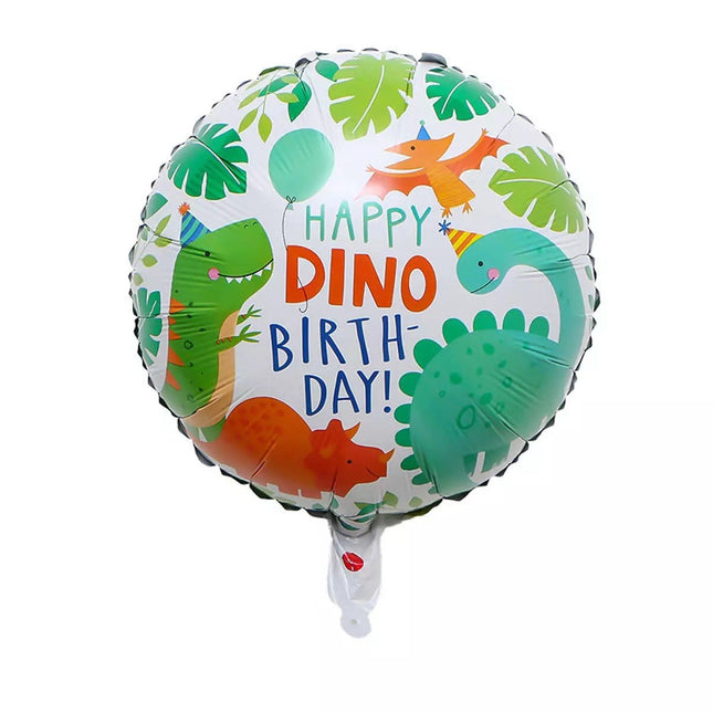 Balon din Folie Metalizata, Mini Figurina Rotunda, Model Happy Birthday cu Dinozauri, Tema Aniversare,Ambalaj Individual, Pai inclus, Umflare cu Aer sau Heliu