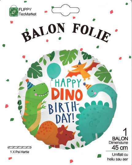 Balon din Folie Metalizata, Mini Figurina Rotunda, Model Happy Birthday cu Dinozauri, Tema Aniversare,Ambalaj Individual, Pai inclus, Umflare cu Aer sau Heliu