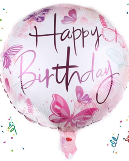 Balon din Folie Metalizata, Mini Figurina Rotunda, Model Happy Birthday Fluturasi, Tema Aniversare,Ambalaj Individual, Pai inclus, Umflare cu Aer sau Heliu