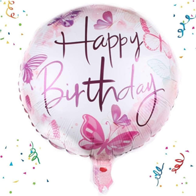 Balon din Folie Metalizata, Mini Figurina Rotunda, Model Happy Birthday Fluturasi, Tema Aniversare,Ambalaj Individual, Pai inclus, Umflare cu Aer sau Heliu