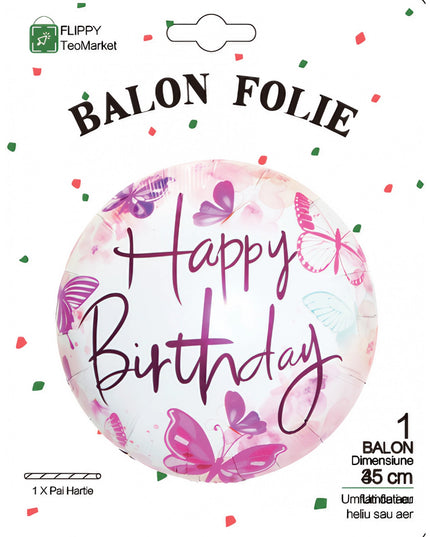 Balon din Folie Metalizata, Mini Figurina Rotunda, Model Happy Birthday Fluturasi, Tema Aniversare,Ambalaj Individual, Pai inclus, Umflare cu Aer sau Heliu
