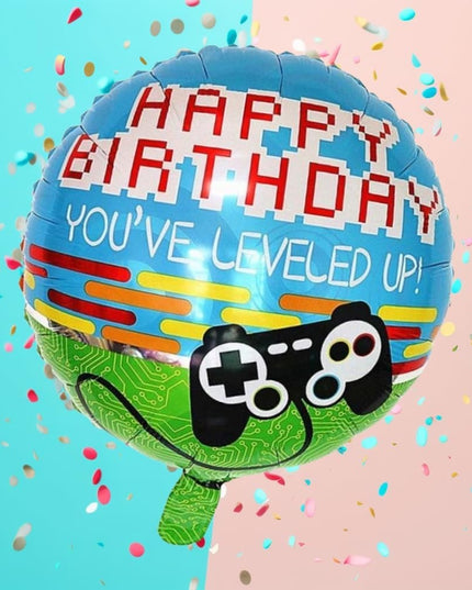 Balon din Folie Metalizata, Mini Figurina Rotunda, Model Happy Birthday Gamer, Tema Aniversare,Ambalaj Individual, Pai inclus, Umflare cu Aer sau Heliu
