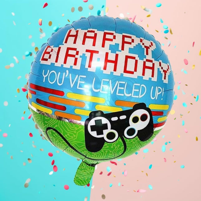 Balon din Folie Metalizata, Mini Figurina Rotunda, Model Happy Birthday Gamer, Tema Aniversare,Ambalaj Individual, Pai inclus, Umflare cu Aer sau Heliu