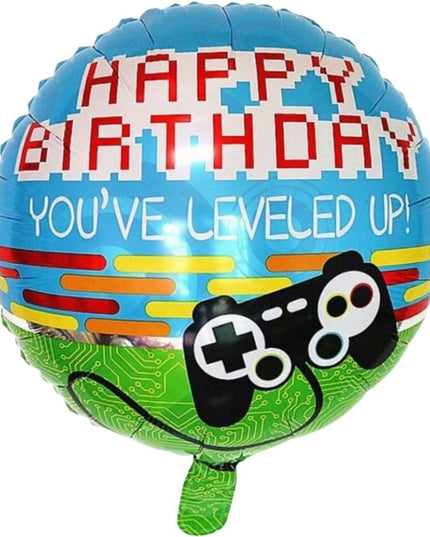 Balon din Folie Metalizata, Mini Figurina Rotunda, Model Happy Birthday Gamer, Tema Aniversare,Ambalaj Individual, Pai inclus, Umflare cu Aer sau Heliu
