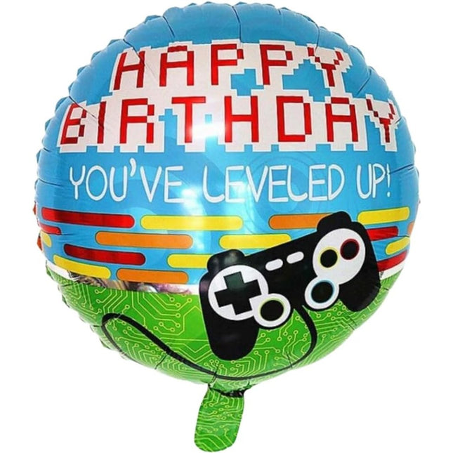 Balon din Folie Metalizata, Mini Figurina Rotunda, Model Happy Birthday Gamer, Tema Aniversare,Ambalaj Individual, Pai inclus, Umflare cu Aer sau Heliu
