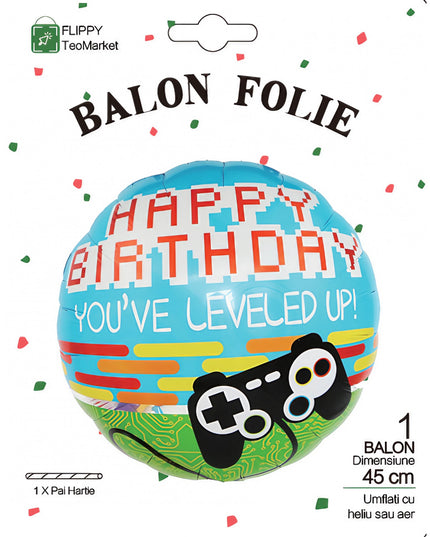 Balon din Folie Metalizata, Mini Figurina Rotunda, Model Happy Birthday Gamer, Tema Aniversare,Ambalaj Individual, Pai inclus, Umflare cu Aer sau Heliu