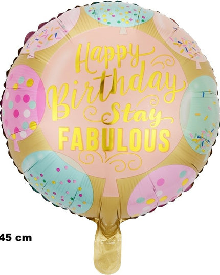 Balon din Folie Metalizata, Mini Figurina Rotunda, Model Happy Birthday Stay Fabulous, Tematica Aniversare,Ambalaj Individual, Pai Inclus, Umflare cu Aer sau Heliu