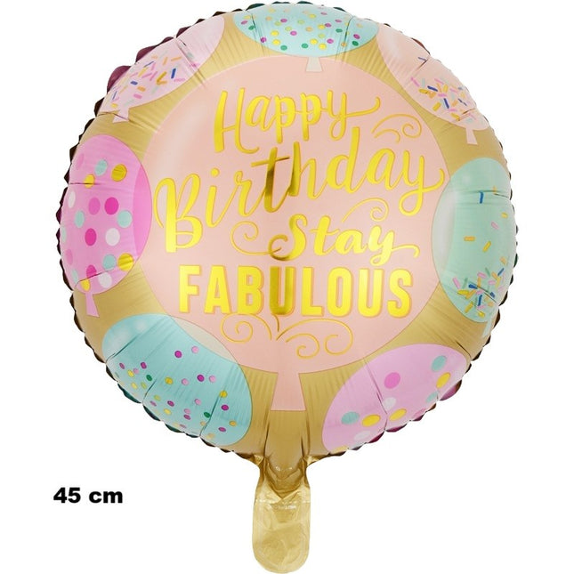 Balon din Folie Metalizata, Mini Figurina Rotunda, Model Happy Birthday Stay Fabulous, Tematica Aniversare,Ambalaj Individual, Pai Inclus, Umflare cu Aer sau Heliu