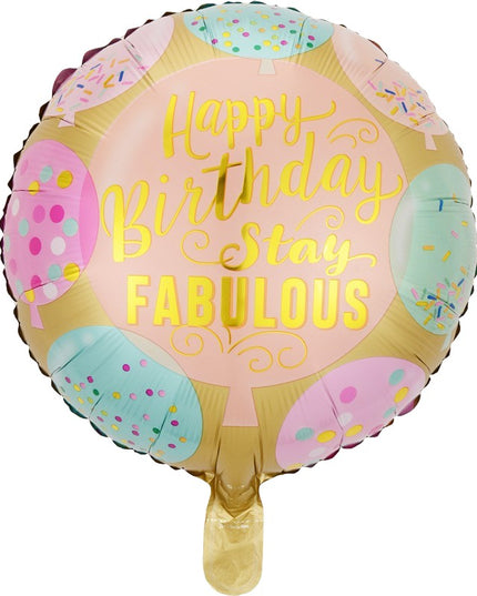 Balon din Folie Metalizata, Mini Figurina Rotunda, Model Happy Birthday Stay Fabulous, Tematica Aniversare,Ambalaj Individual, Pai Inclus, Umflare cu Aer sau Heliu