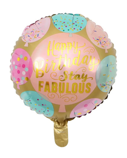 Balon din Folie Metalizata, Mini Figurina Rotunda, Model Happy Birthday Stay Fabulous, Tematica Aniversare,Ambalaj Individual, Pai Inclus, Umflare cu Aer sau Heliu