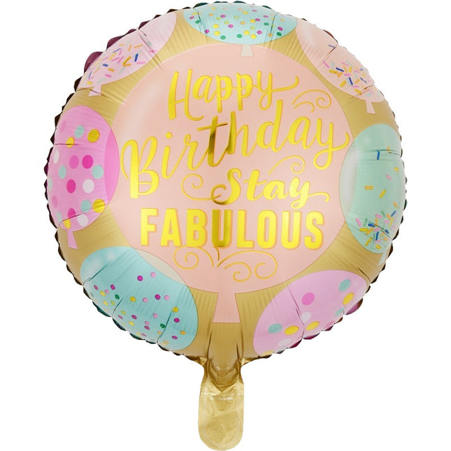 Balon din Folie Metalizata, Mini Figurina Rotunda, Model Happy Birthday Stay Fabulous, Tematica Aniversare,Ambalaj Individual, Pai Inclus, Umflare cu Aer sau Heliu