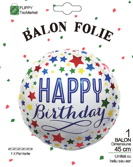 Balon din Folie Metalizata, Mini Figurina Rotunda, Model Happy Birthday, Tema Aniversare,Ambalaj Individual, Pai inclus, Umflare cu Aer sau Heliu