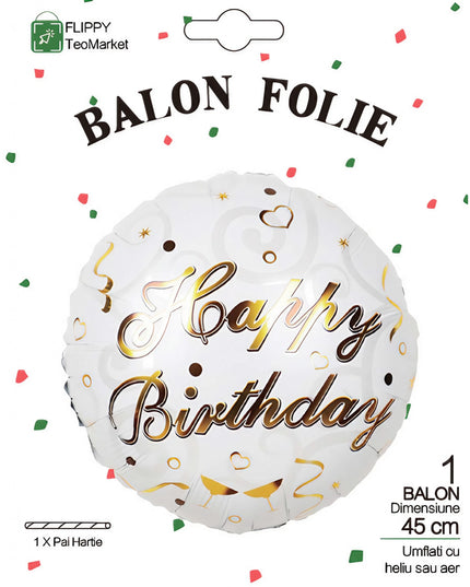 Balon din Folie Metalizata, Mini Figurina Rotunda, Model Happy Birthday, Tema Aniversare,Ambalaj Individual, Pai inclus, Umflare cu Aer sau Heliu