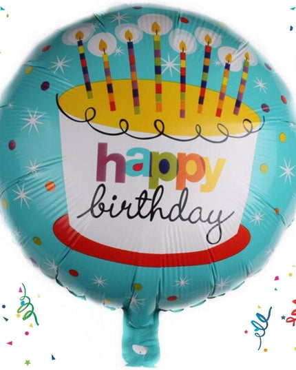 Balon din Folie Metalizata, Mini Figurina Rotunda, Model Happy Birthday Tort, Tema Aniversare,Ambalaj Individual, Pai inclus, Umflare cu Aer sau Heliu