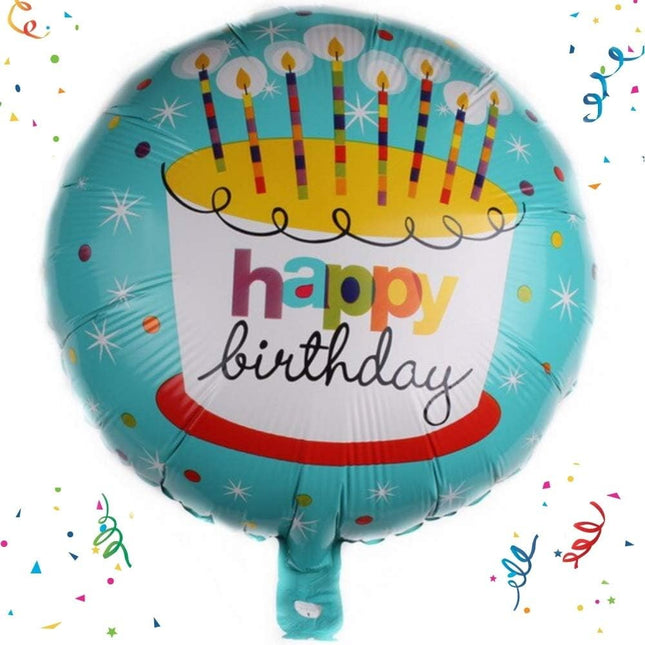 Balon din Folie Metalizata, Mini Figurina Rotunda, Model Happy Birthday Tort, Tema Aniversare,Ambalaj Individual, Pai inclus, Umflare cu Aer sau Heliu