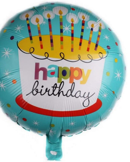 Balon din Folie Metalizata, Mini Figurina Rotunda, Model Happy Birthday Tort, Tema Aniversare,Ambalaj Individual, Pai inclus, Umflare cu Aer sau Heliu