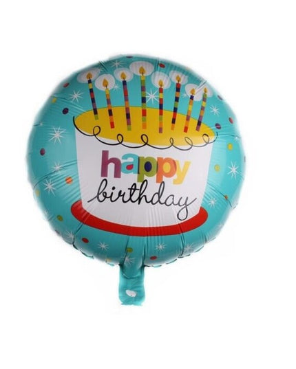 Balon din Folie Metalizata, Mini Figurina Rotunda, Model Happy Birthday Tort, Tema Aniversare,Ambalaj Individual, Pai inclus, Umflare cu Aer sau Heliu