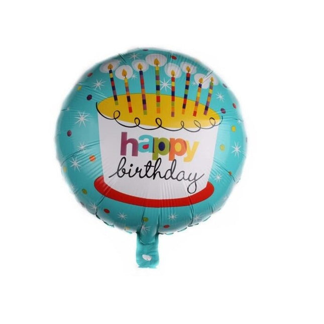 Balon din Folie Metalizata, Mini Figurina Rotunda, Model Happy Birthday Tort, Tema Aniversare,Ambalaj Individual, Pai inclus, Umflare cu Aer sau Heliu