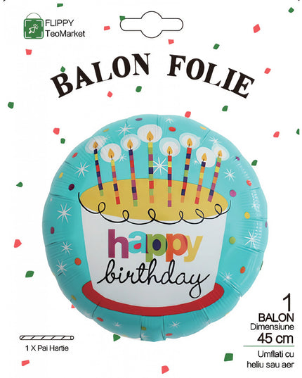 Balon din Folie Metalizata, Mini Figurina Rotunda, Model Happy Birthday Tort, Tema Aniversare,Ambalaj Individual, Pai inclus, Umflare cu Aer sau Heliu