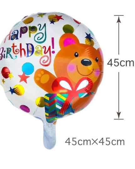 Balon din Folie Metalizata, Mini Figurina Rotunda, Model Happy Birthday Ursulet, Tema Aniversare,Ambalaj Individual, Pai inclus, Umflare cu Aer sau Heliu