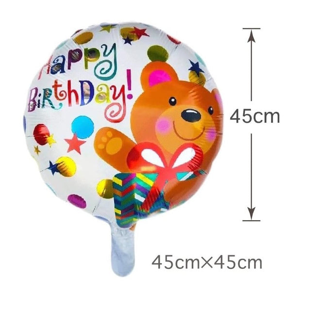 Balon din Folie Metalizata, Mini Figurina Rotunda, Model Happy Birthday Ursulet, Tema Aniversare,Ambalaj Individual, Pai inclus, Umflare cu Aer sau Heliu
