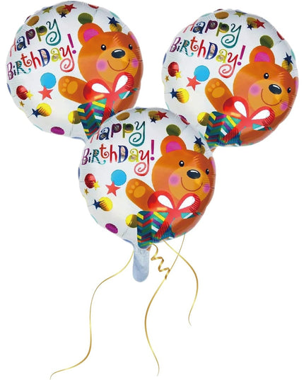 Balon din Folie Metalizata, Mini Figurina Rotunda, Model Happy Birthday Ursulet, Tema Aniversare,Ambalaj Individual, Pai inclus, Umflare cu Aer sau Heliu