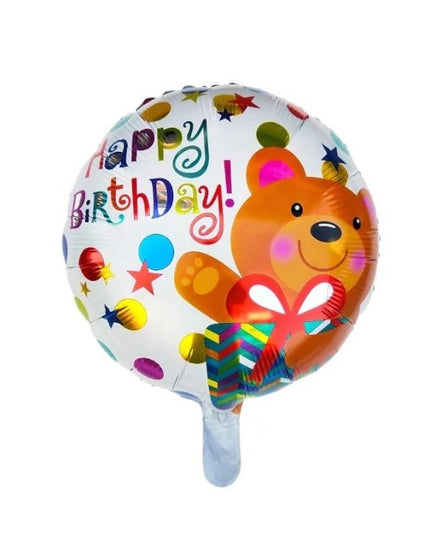 Balon din Folie Metalizata, Mini Figurina Rotunda, Model Happy Birthday Ursulet, Tema Aniversare,Ambalaj Individual, Pai inclus, Umflare cu Aer sau Heliu