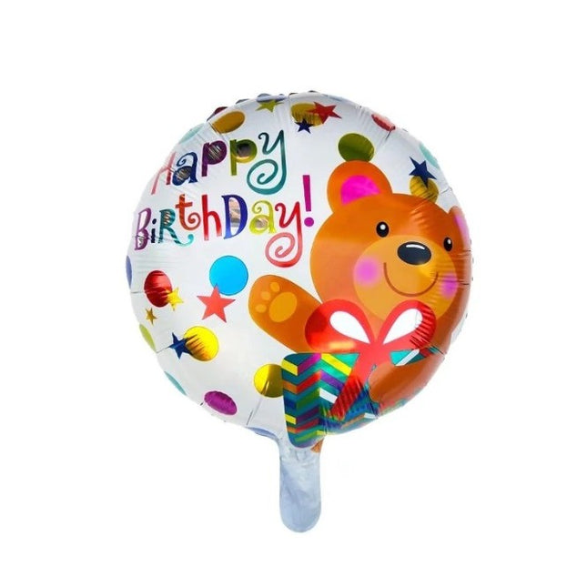 Balon din Folie Metalizata, Mini Figurina Rotunda, Model Happy Birthday Ursulet, Tema Aniversare,Ambalaj Individual, Pai inclus, Umflare cu Aer sau Heliu