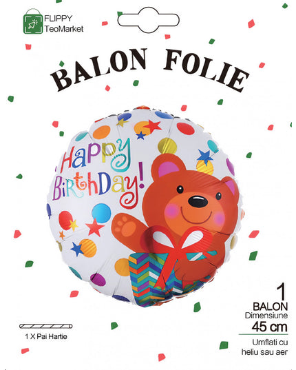 Balon din Folie Metalizata, Mini Figurina Rotunda, Model Happy Birthday Ursulet, Tema Aniversare,Ambalaj Individual, Pai inclus, Umflare cu Aer sau Heliu