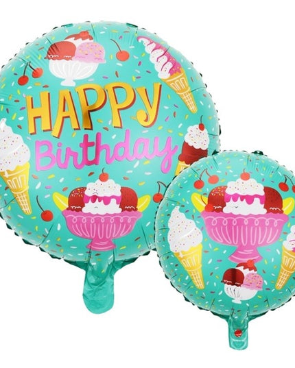 Balon din Folie Metalizata, Mini Figurina Rotunda, Model Inghetata, Happy Birthday, Tematica Aniversare,Ambalaj Individual, Pai Inclus, Umflare cu Aer sau Heliu