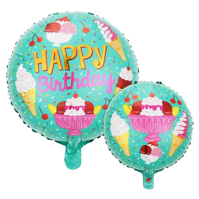 Balon din Folie Metalizata, Mini Figurina Rotunda, Model Inghetata, Happy Birthday, Tematica Aniversare,Ambalaj Individual, Pai Inclus, Umflare cu Aer sau Heliu