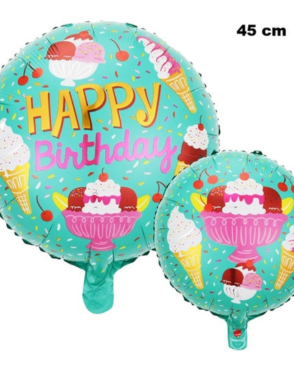 Balon din Folie Metalizata, Mini Figurina Rotunda, Model Inghetata, Happy Birthday, Tematica Aniversare,Ambalaj Individual, Pai Inclus, Umflare cu Aer sau Heliu