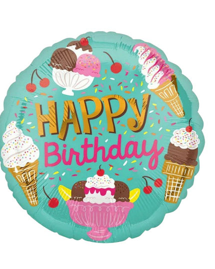 Balon din Folie Metalizata, Mini Figurina Rotunda, Model Inghetata, Happy Birthday, Tematica Aniversare,Ambalaj Individual, Pai Inclus, Umflare cu Aer sau Heliu